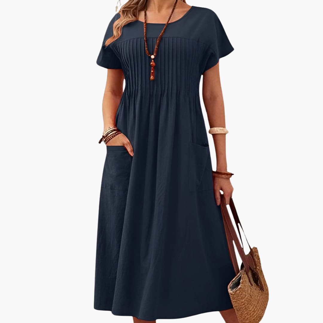 Women's Short Sleeve Midi Dress Loose Fit With Pockets - VibreMode