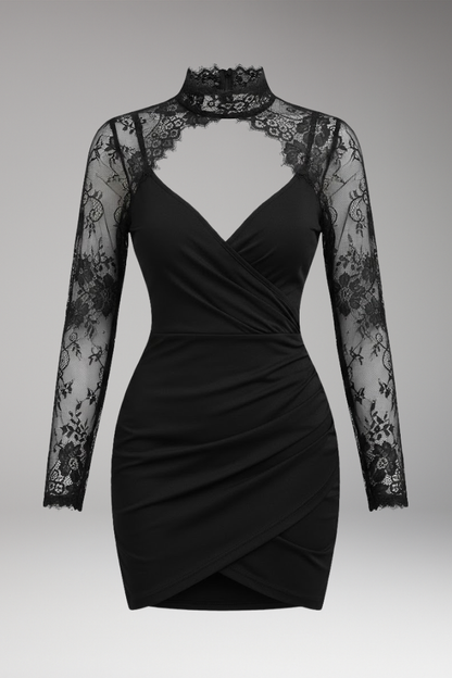 Women's Lace Trim Mini Dress High Collar - VibreMode