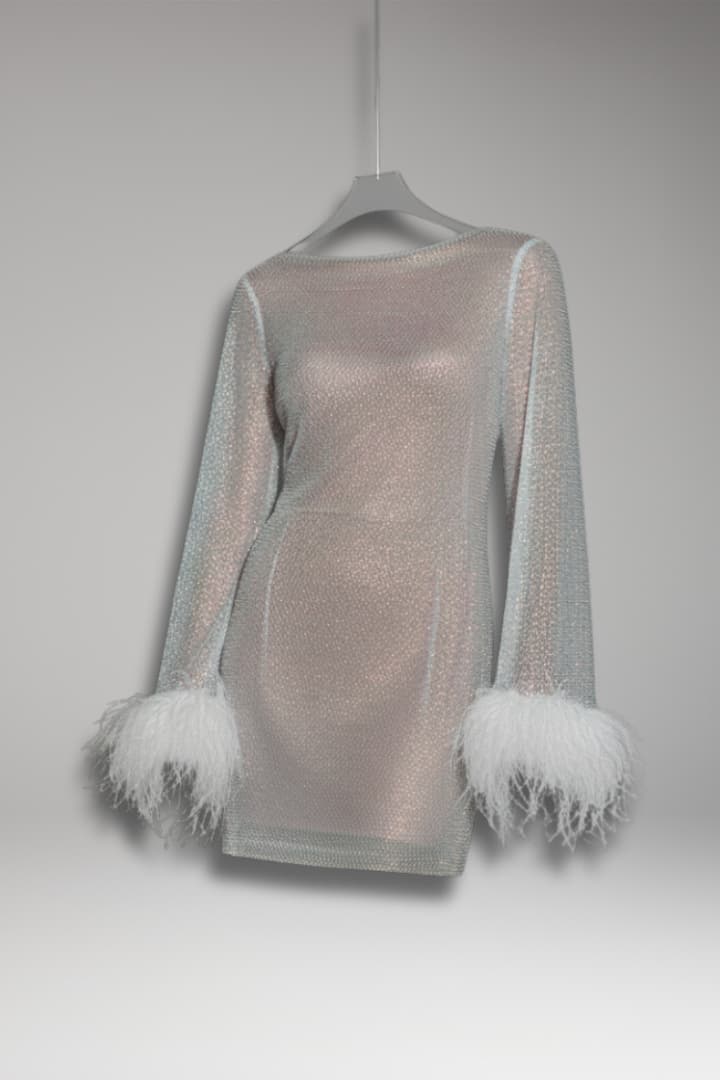 Women's Sequin Mini Dress Feather Cuffs - VibreMode