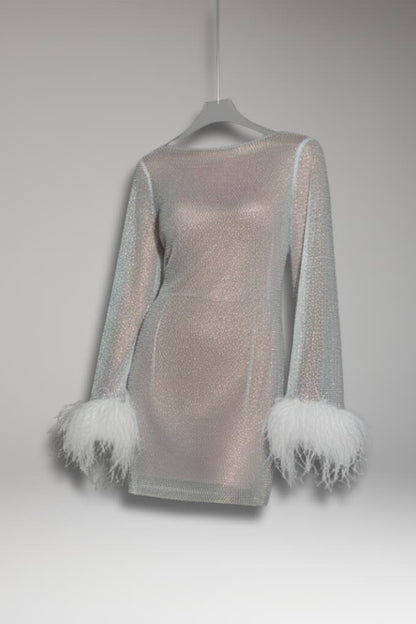 Women's Sequin Mini Dress Feather Cuffs - VibreMode