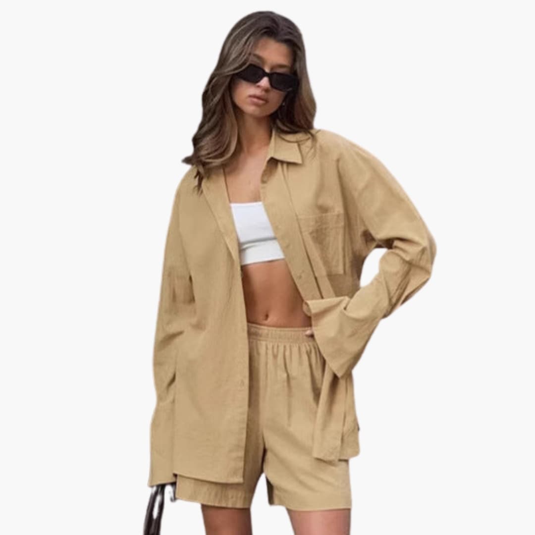 Women's Two-Piece Button Shirt And Shorts Set - VibreMode