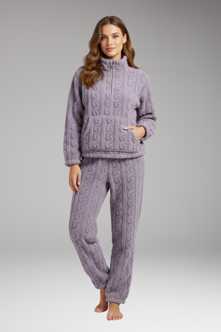 Women's Fleece Pajama Set Zipper Textured
