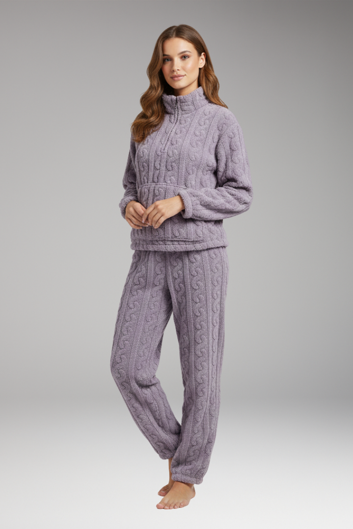Women's Fleece Pajama Set Zipper Textured