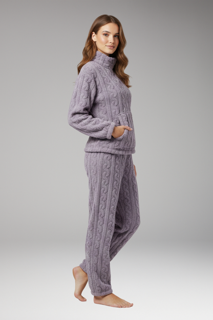 Women's Fleece Pajama Set Zipper Textured