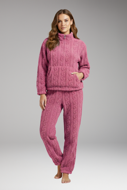 Women's Fleece Pajama Set Zipper Textured