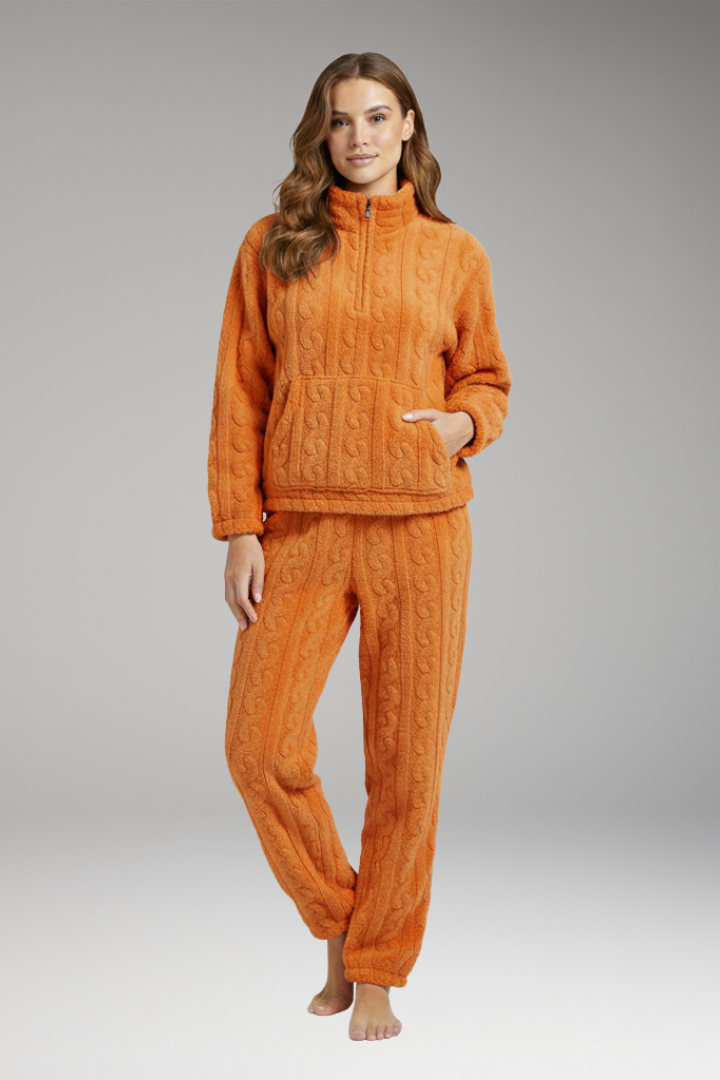 Women's Fleece Pajama Set Zipper Textured