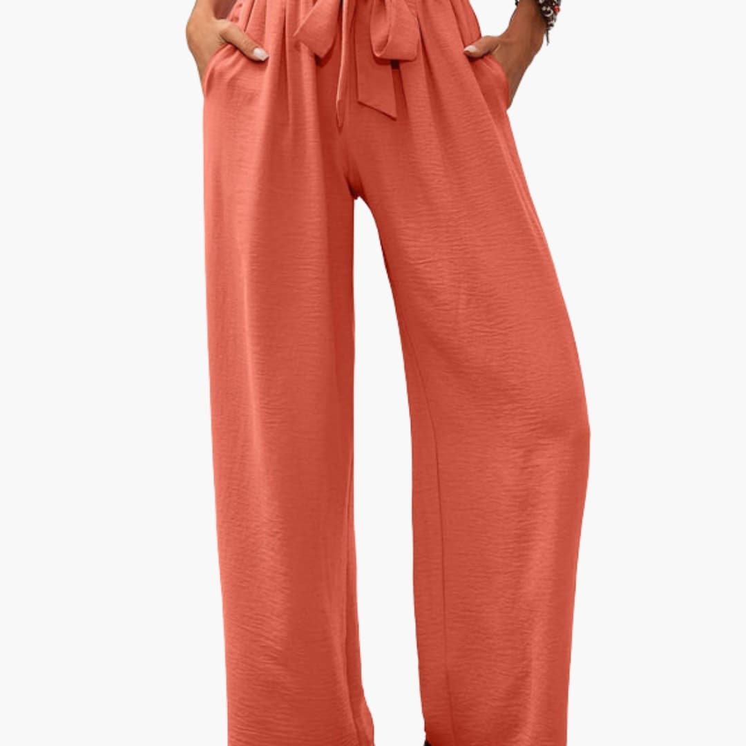 Women's Palazzo Pants Elastic Waistband Tie Detail