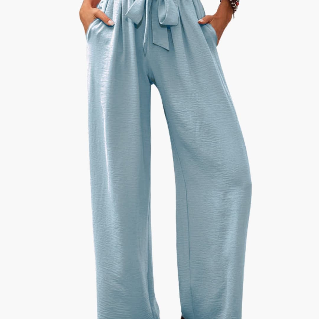 Women's Palazzo Pants Elastic Waistband Tie Detail