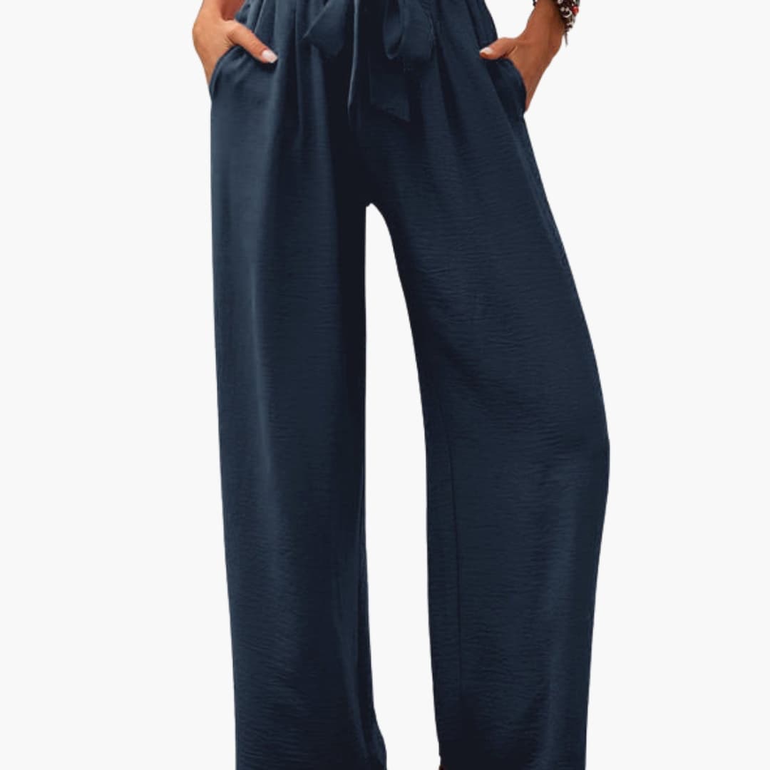 Women's Palazzo Pants Elastic Waistband Tie Detail