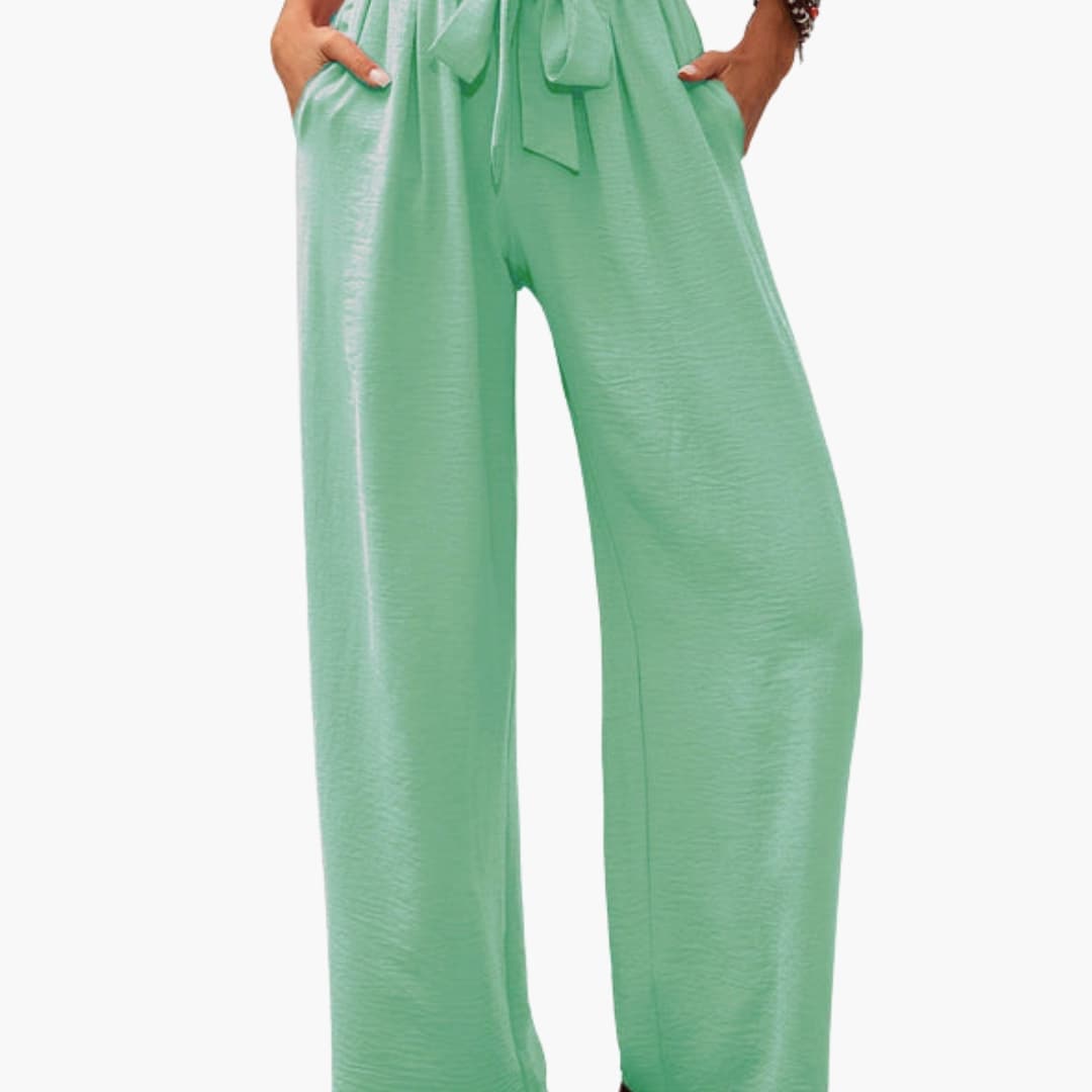 Women's Palazzo Pants Elastic Waistband Tie Detail