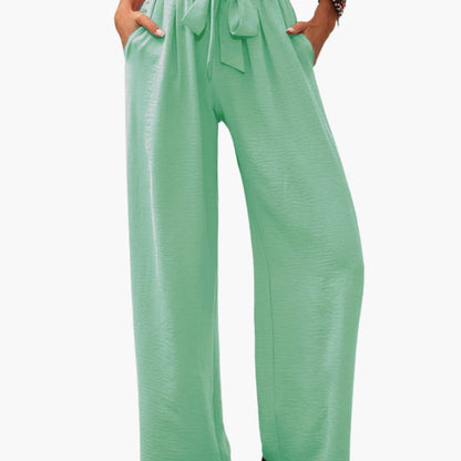 Women's Palazzo Pants Elastic Waistband Tie Detail