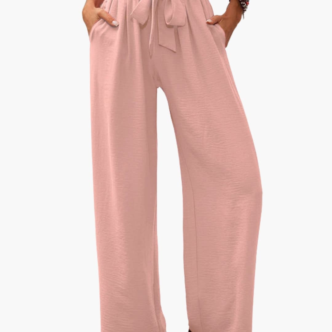 Women's Palazzo Pants Elastic Waistband Tie Detail