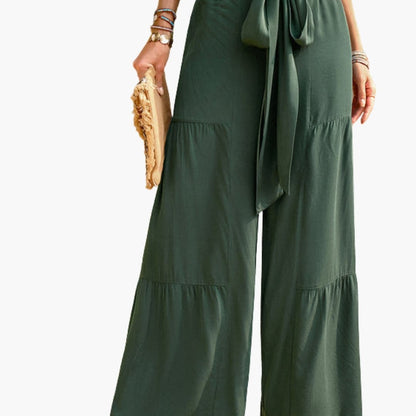 Women's Palazzo Pants Ruffle Detail Tie Waist - VibreMode