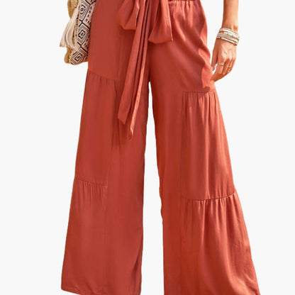 Women's Palazzo Pants Ruffle Detail Tie Waist