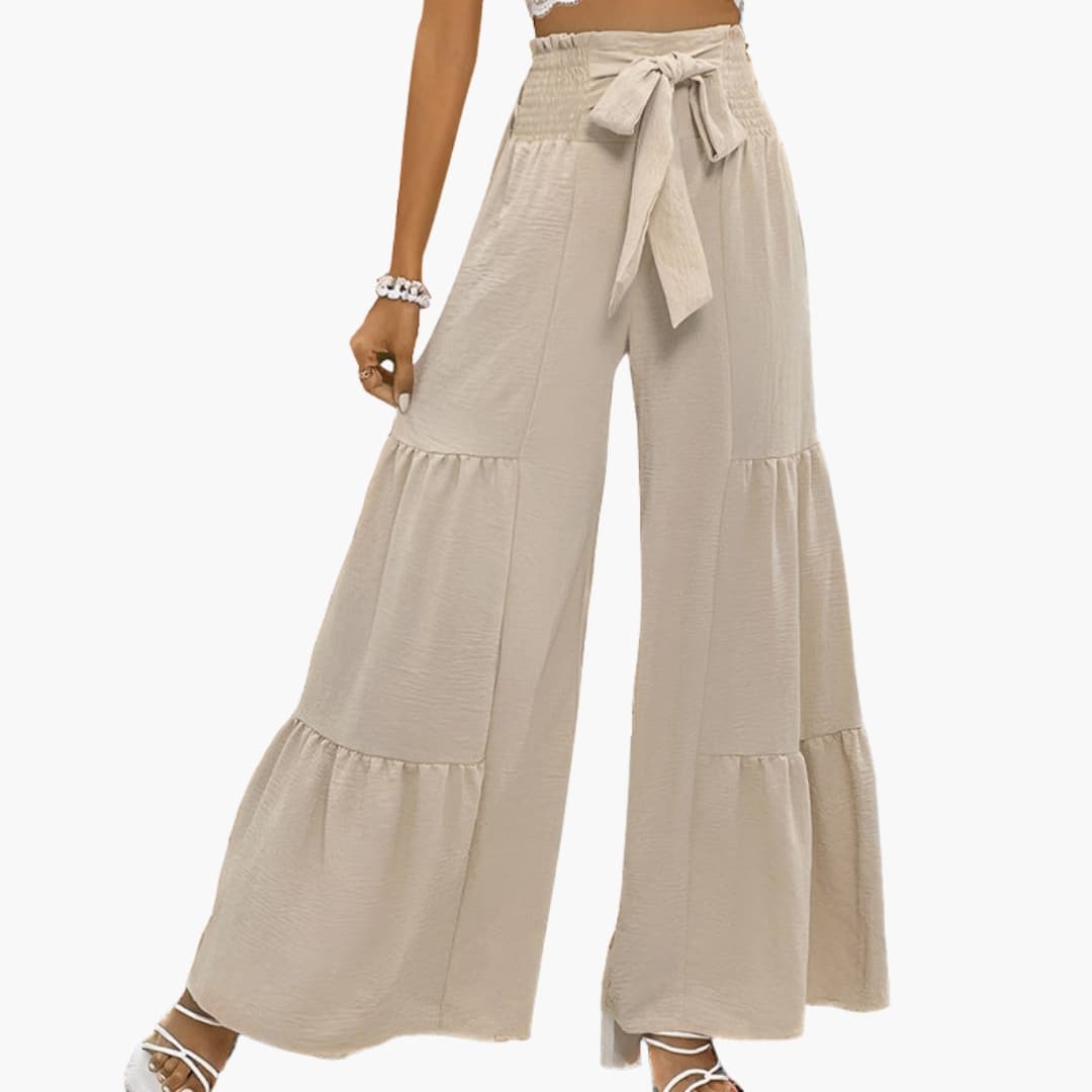 Women's Palazzo Pants Ruffled Hem Waist Belt - VibreMode