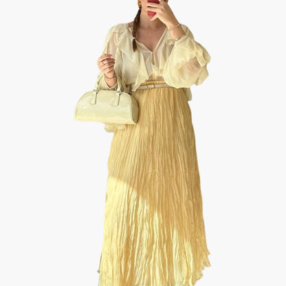 Women's Pleated Maxi Skirt Elastic Waist Long