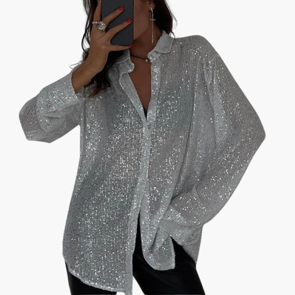 Women's Plus Size Glitter Blouse Long Sleeve Round Neck Shimmer