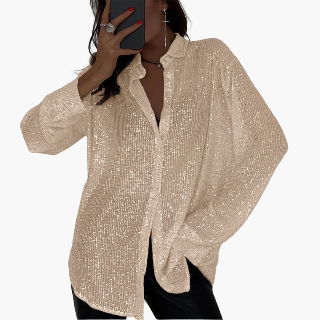 Women's Plus Size Glitter Blouse Long Sleeve Round Neck Shimmer - VibreMode