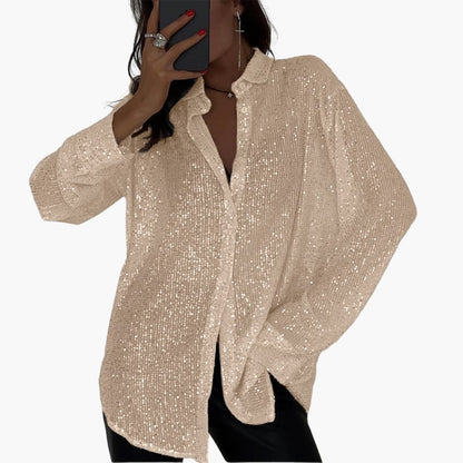 Women's Plus Size Glitter Blouse Long Sleeve Round Neck Shimmer - VibreMode