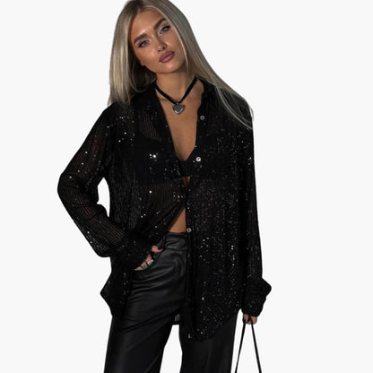 Women's Plus Size Glitter Blouse Long Sleeve Round Neck Shimmer