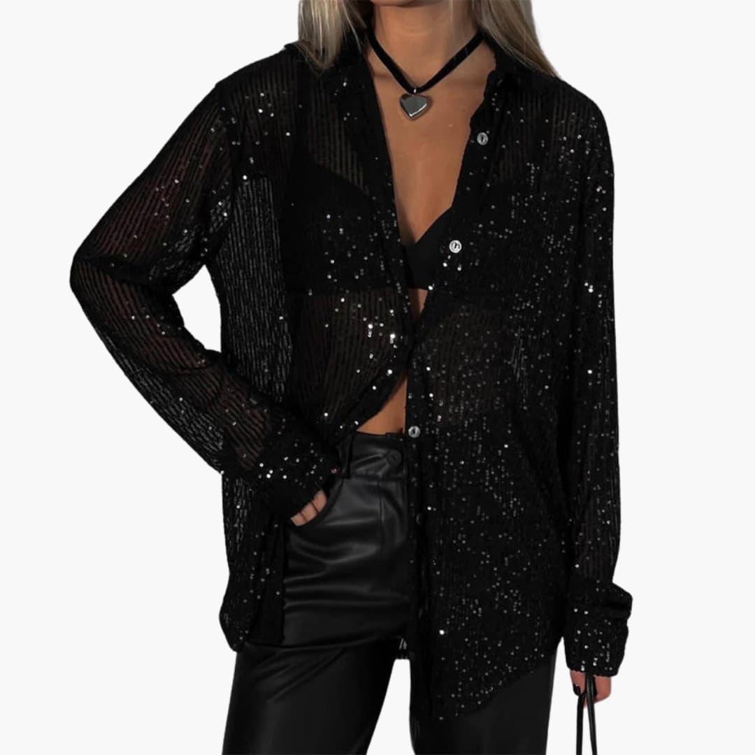 Women's Plus Size Glitter Blouse Long Sleeve Round Neck Shimmer
