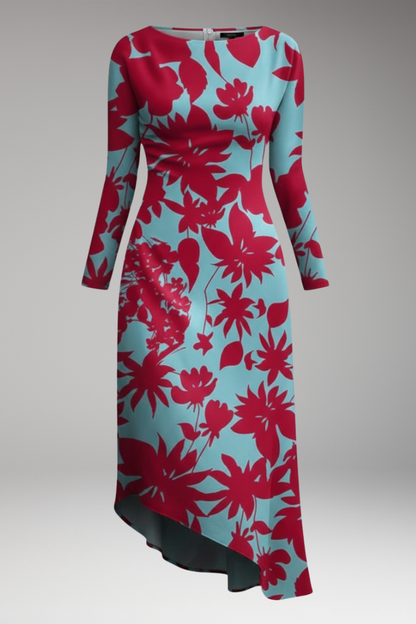 Women's Long Sleeve Printed Dress Irregular Hem - VibreMode
