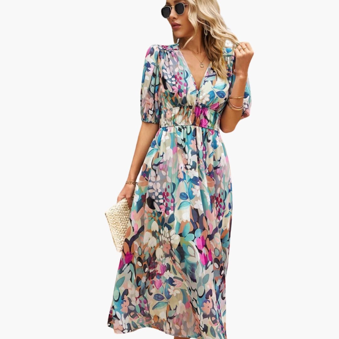 Women's Short Sleeve Midi Dress Loose Fit Printed - VibreMode