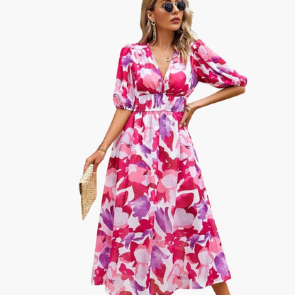 Women's Short Sleeve Midi Dress Loose Fit Printed