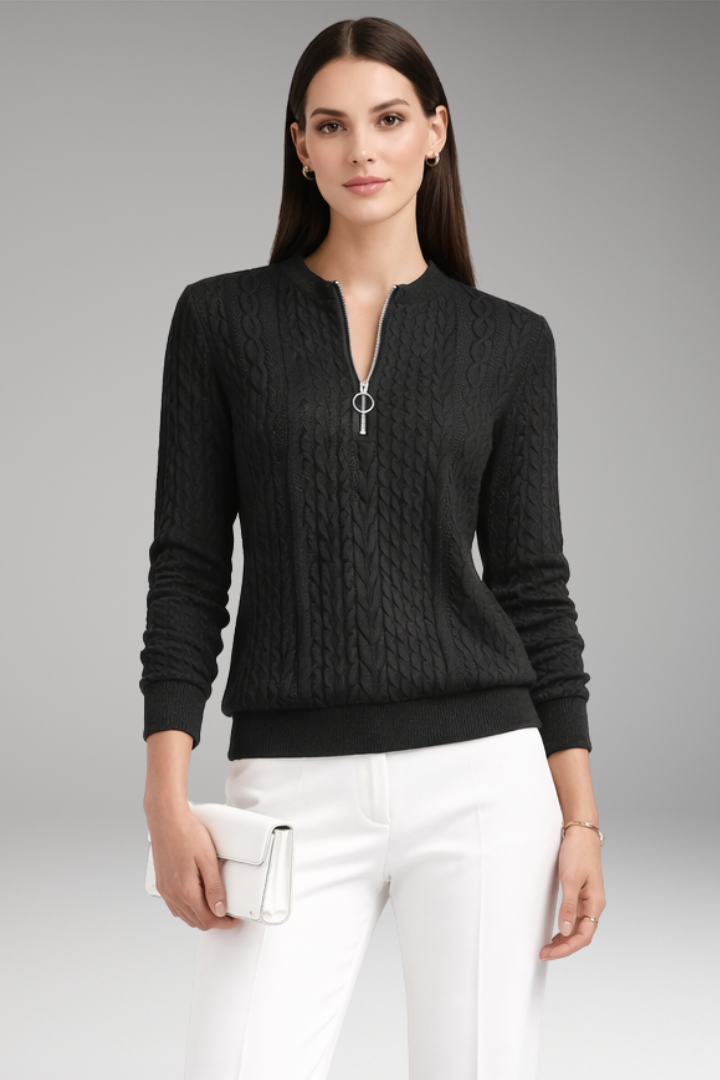 Women's Cable Knit Pullover Sweater Front Zipper