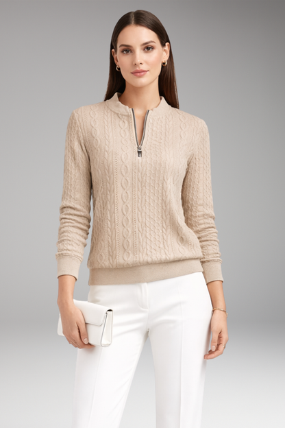 Women's Cable Knit Pullover Sweater Front Zipper