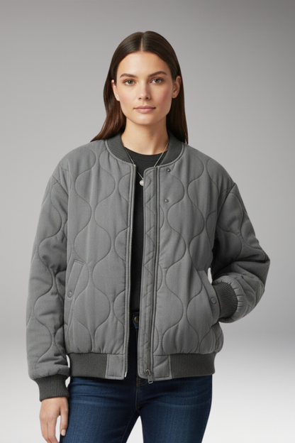 Women's Quilted Bomber Jacket High Collar Ribbed Edges