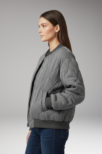 Women's Quilted Bomber Jacket High Collar Ribbed Edges