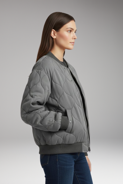 Women's Quilted Bomber Jacket High Collar Ribbed Edges