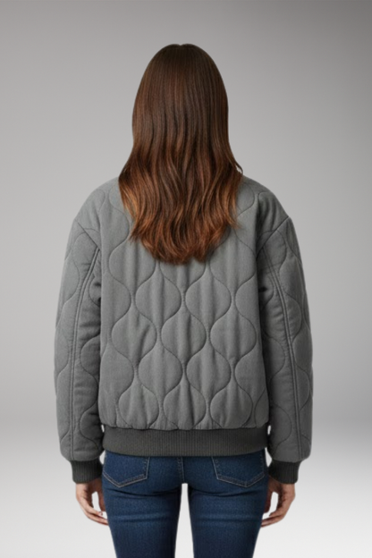 Women's Quilted Bomber Jacket High Collar Ribbed Edges