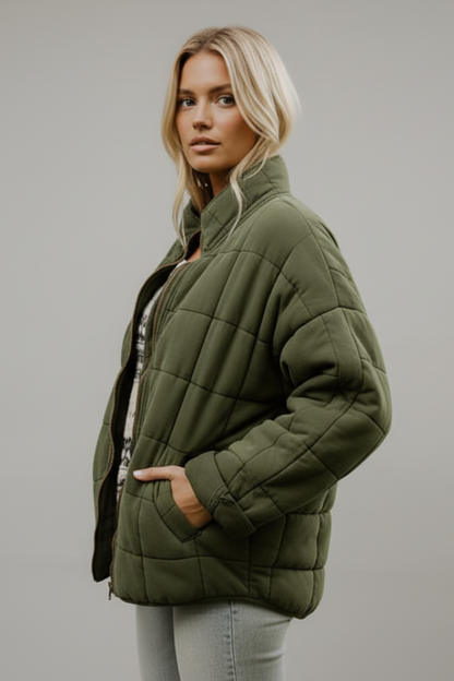Women's Quilted Jacket High Collar Zip Closure
