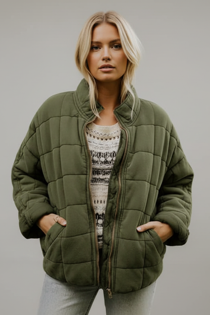 Women's Quilted Jacket High Collar Zip Closure