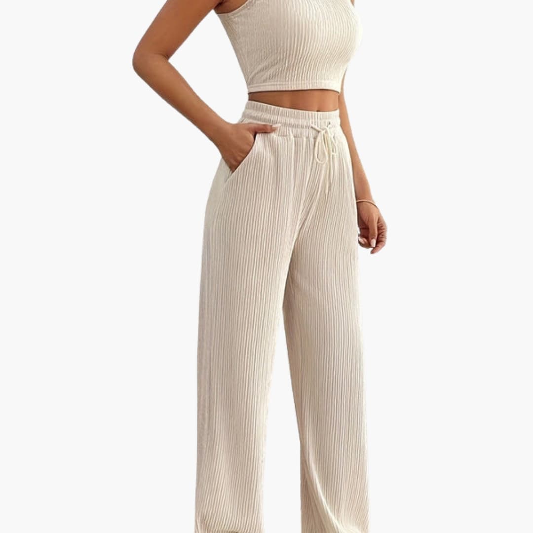 Women's Ribbed Knit Crop and Pants Set - VibreMode