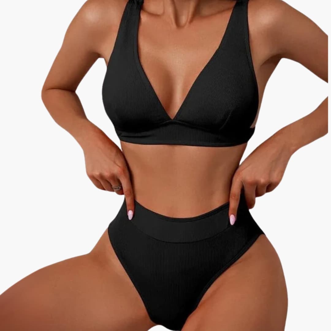 Women's Ribbed Bikini Set High Cut Wide Straps
