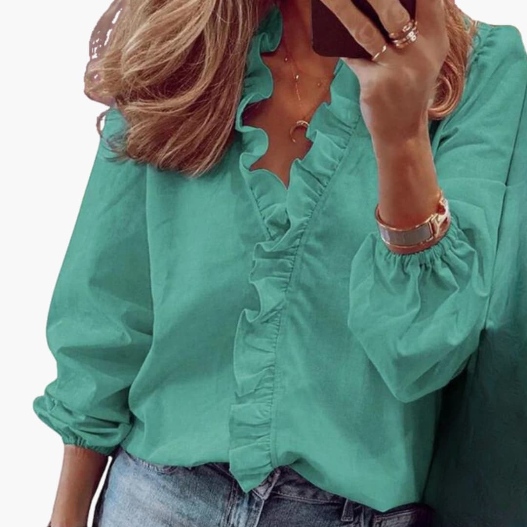 Women's V-Neck Blouse Long Sleeve Woven Ruffle Trim