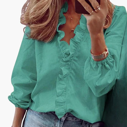 Women's V-Neck Blouse Long Sleeve Woven Ruffle Trim