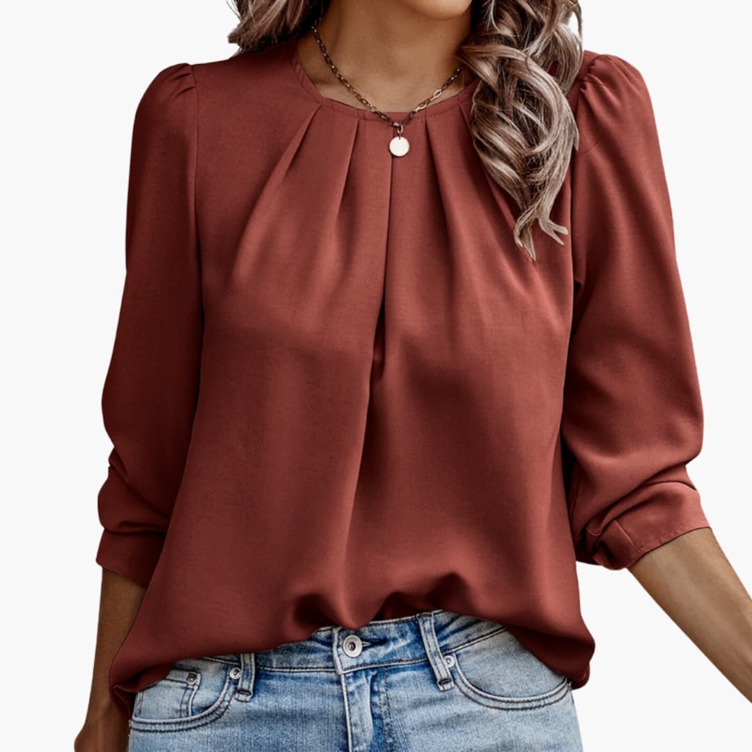 Women's Pleated Long Sleeve Blouse Crew Neck