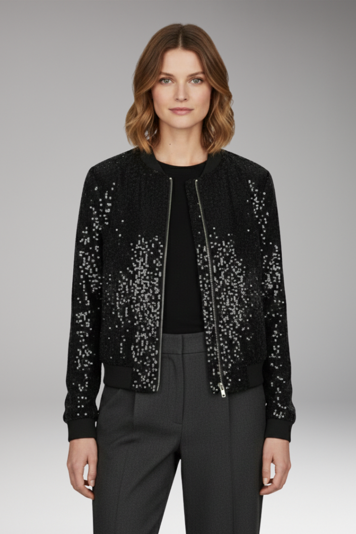 Women's Sequin Jacket Zipper Ribbed Hem