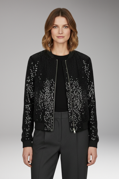 Women's Sequin Jacket Zipper Ribbed Hem