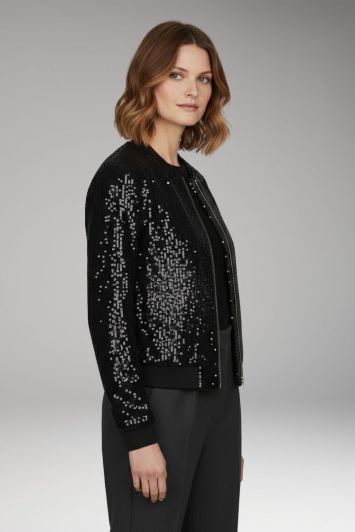 Women's Sequin Jacket Zipper Ribbed Hem