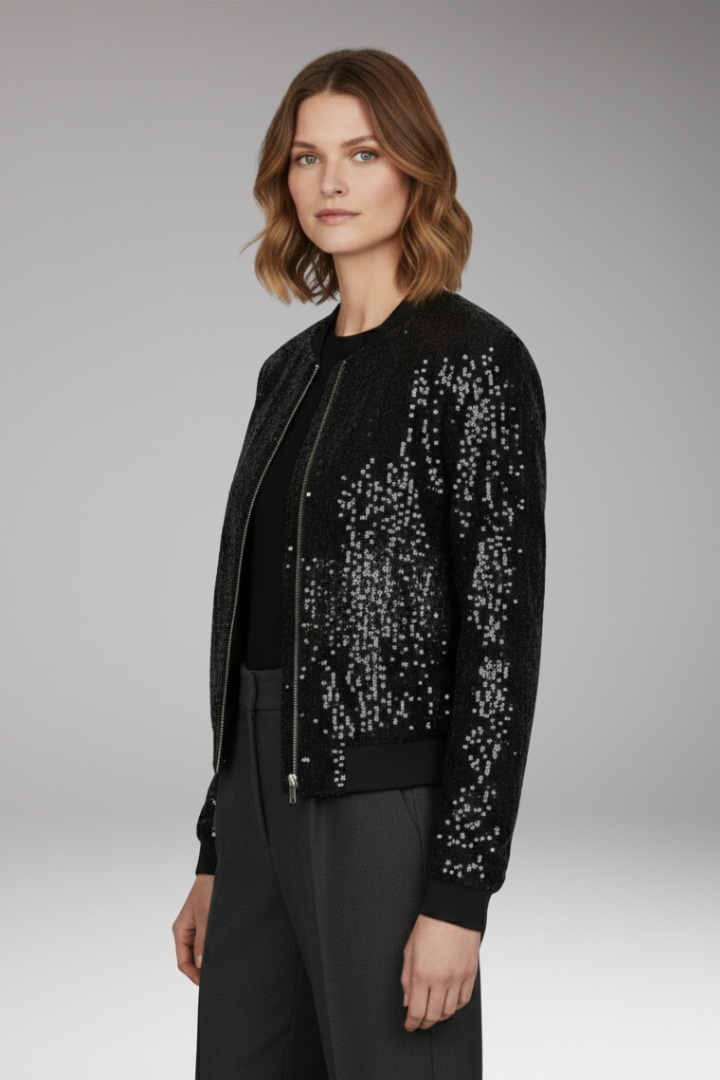 Women's Sequin Jacket Zipper Ribbed Hem