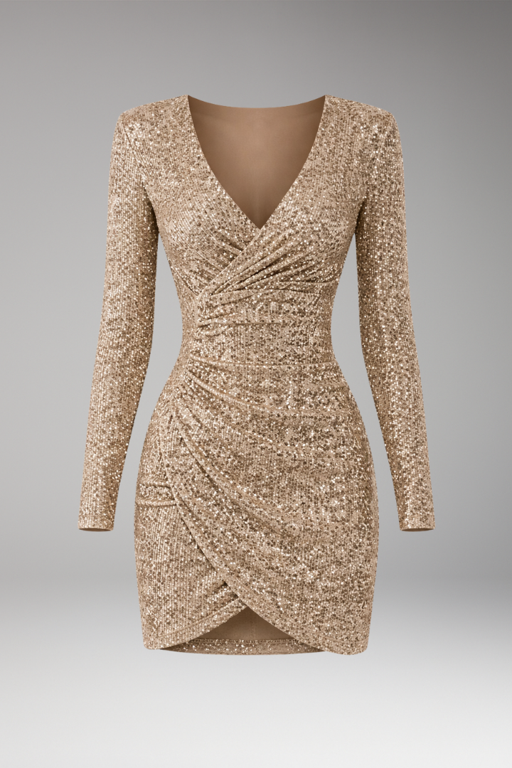 Women's V-Neck Sequined Dress Asymmetrical Hem - VibreMode