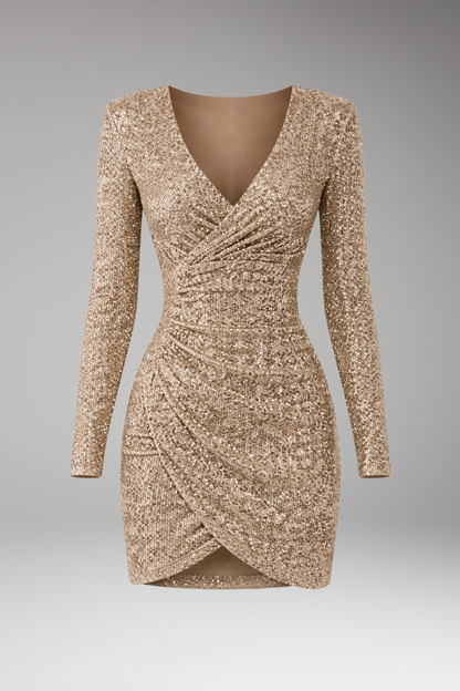 Women's V-Neck Sequined Dress Asymmetrical Hem - VibreMode