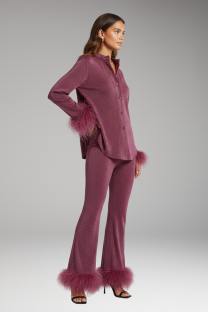 Women's Feather Trim Button Front Set
