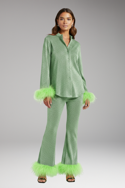 Women's Feather Trim Button Front Set