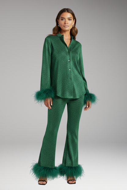 Women's Feather Trim Button Front Set